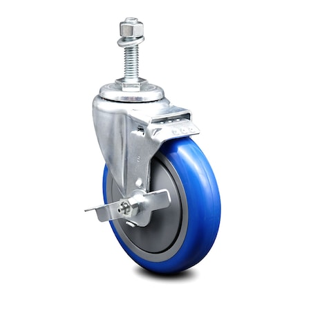 Service Caster 5 Inch Blue Polyurethane Wheel Swivel 10mm Threaded Stem Caster with Brake SCC-TS20S514-PPUB-BLUE-TLB-M1015